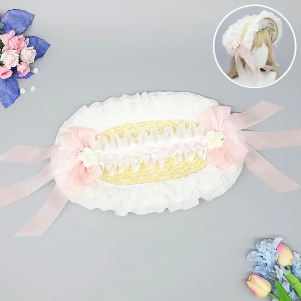 Girls Women Victorian Lolita Flat Bonnet Cap Tea Party Sun Hat Lace Bows Flower Ribbons Straw Hats