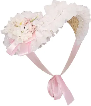 Girls Women Victorian Lolita Flat Bonnet Cap Tea Party Sun Hat Lace Bows Flower Ribbons Straw Hats