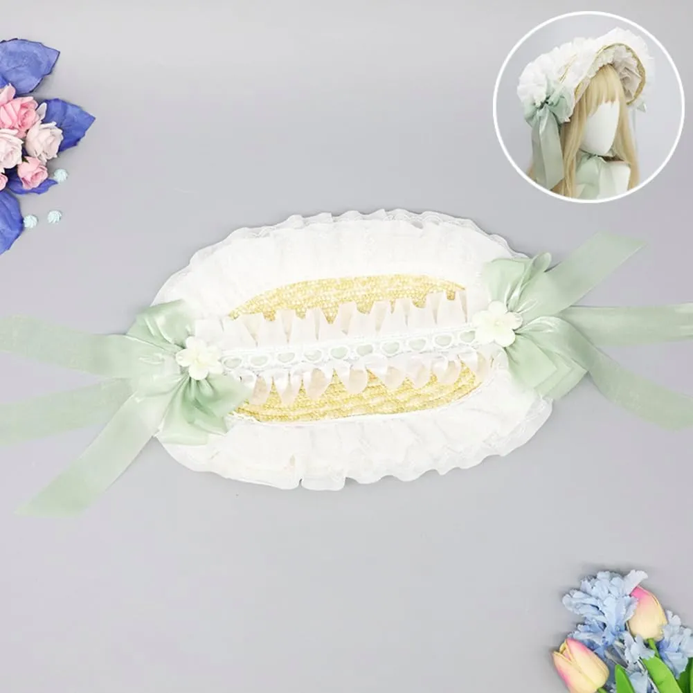 Girls Women Victorian Lolita Flat Bonnet Cap Tea Party Sun Hat Lace Bows Flower Ribbons Straw Hats