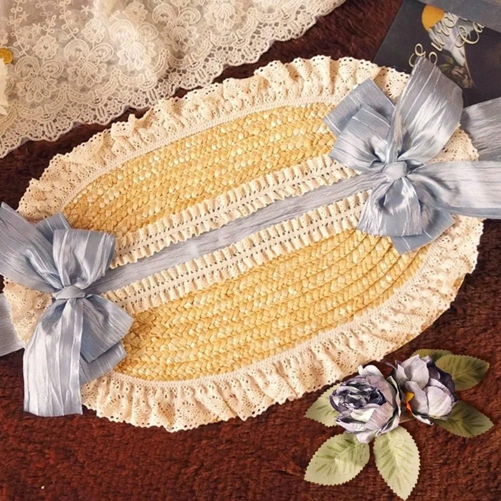 Girls Women Victorian Lolita Flat Bonnet Cap Tea Party Sun Hat Lace Bows Flower Ribbons Straw Hats