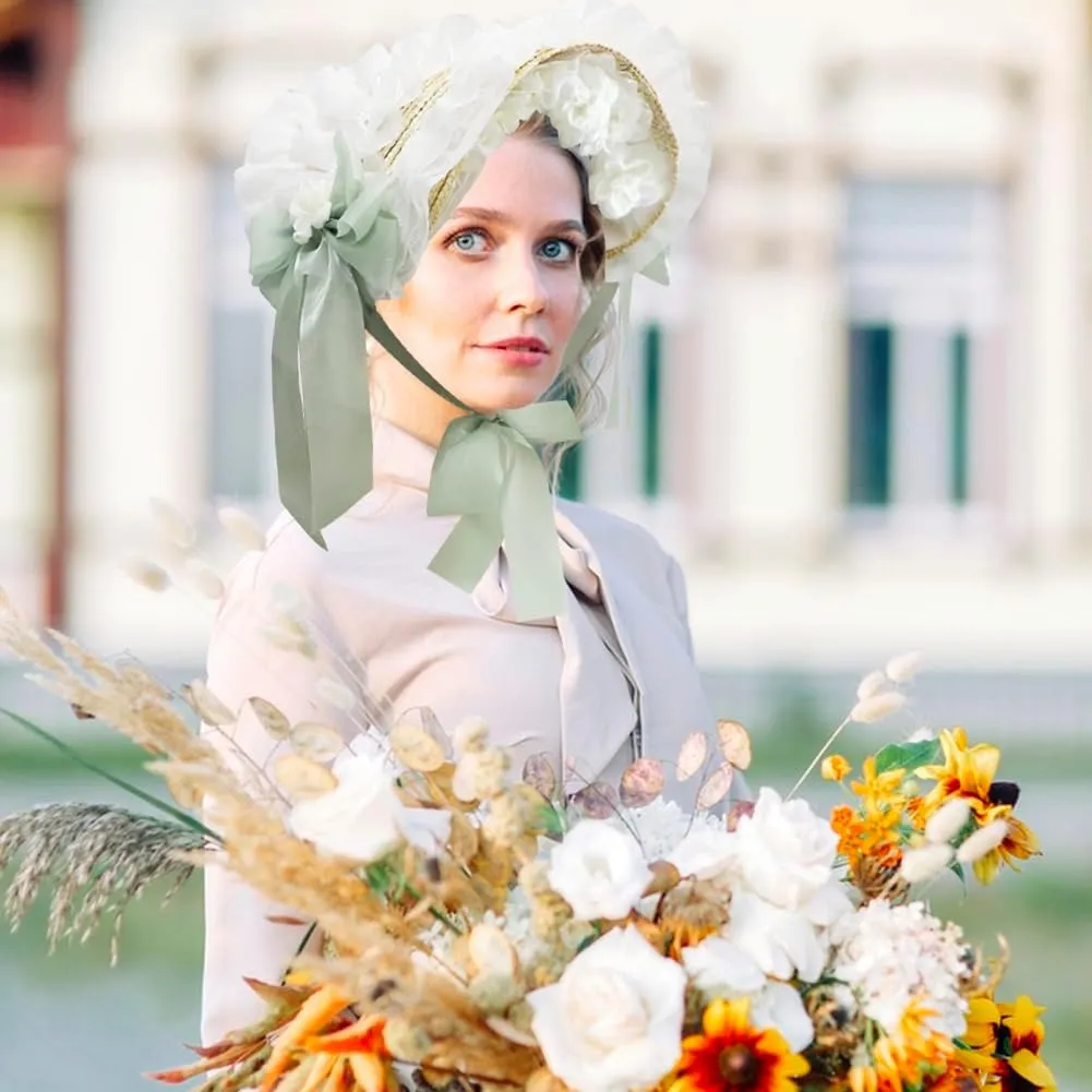 Girls Women Victorian Lolita Flat Bonnet Cap Tea Party Sun Hat Lace Bows Flower Ribbons Straw Hats
