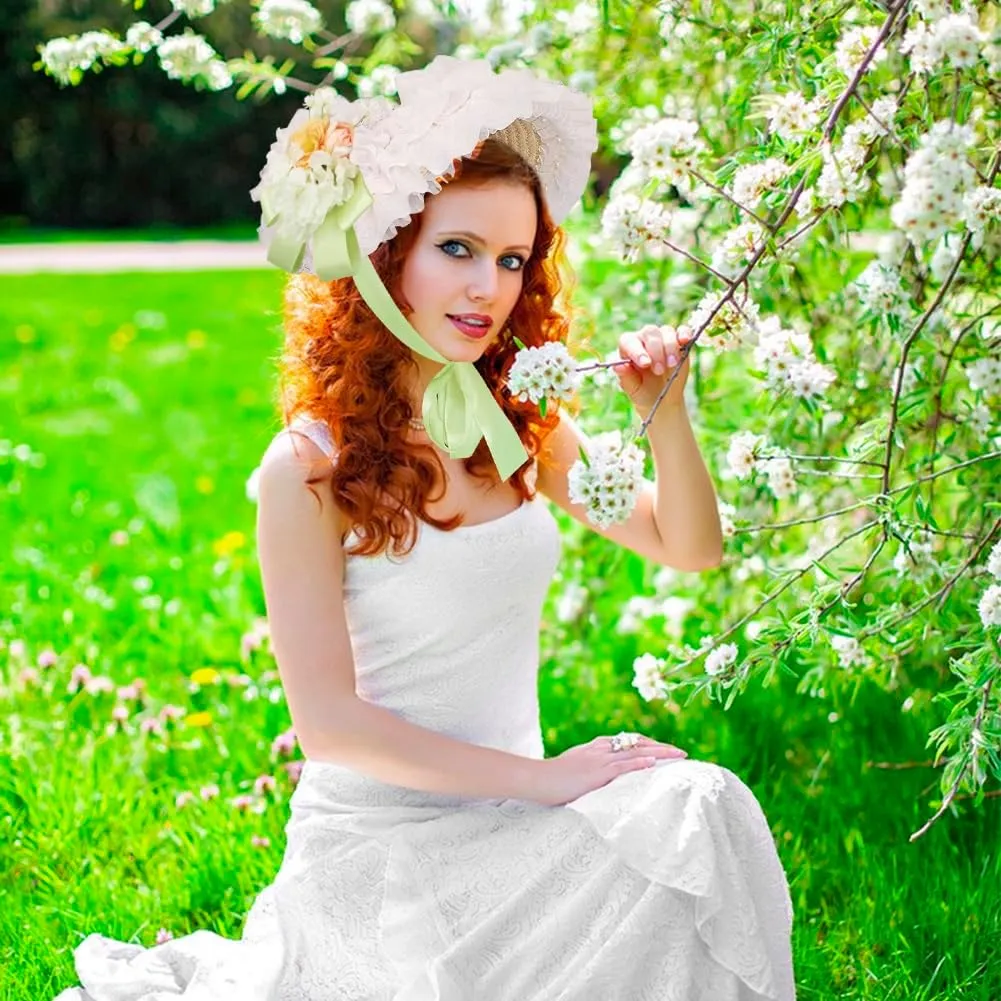 Girls Women Victorian Lolita Flat Bonnet Cap Tea Party Sun Hat Lace Bows Flower Ribbons Straw Hats
