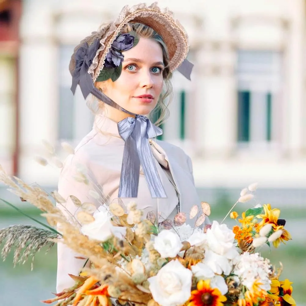 Girls Women Victorian Lolita Flat Bonnet Cap Tea Party Sun Hat Lace Bows Flower Ribbons Straw Hats