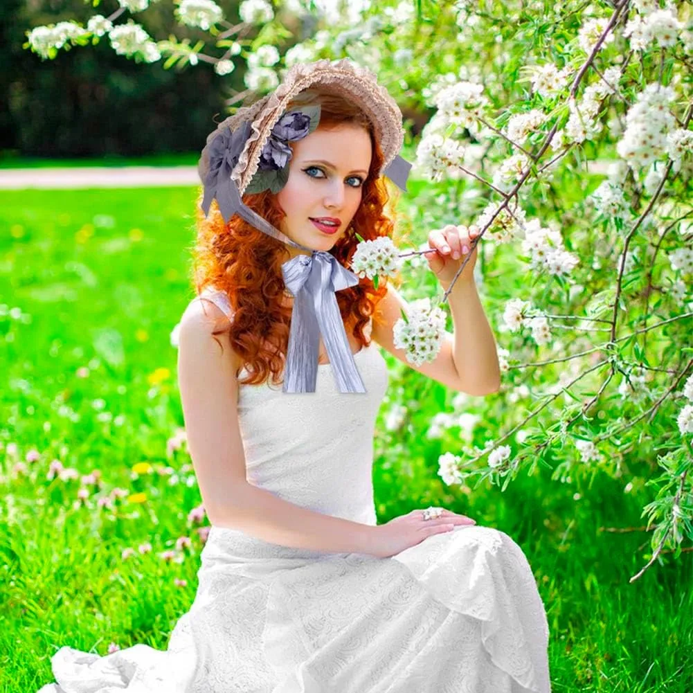 Girls Women Victorian Lolita Flat Bonnet Cap Tea Party Sun Hat Lace Bows Flower Ribbons Straw Hats