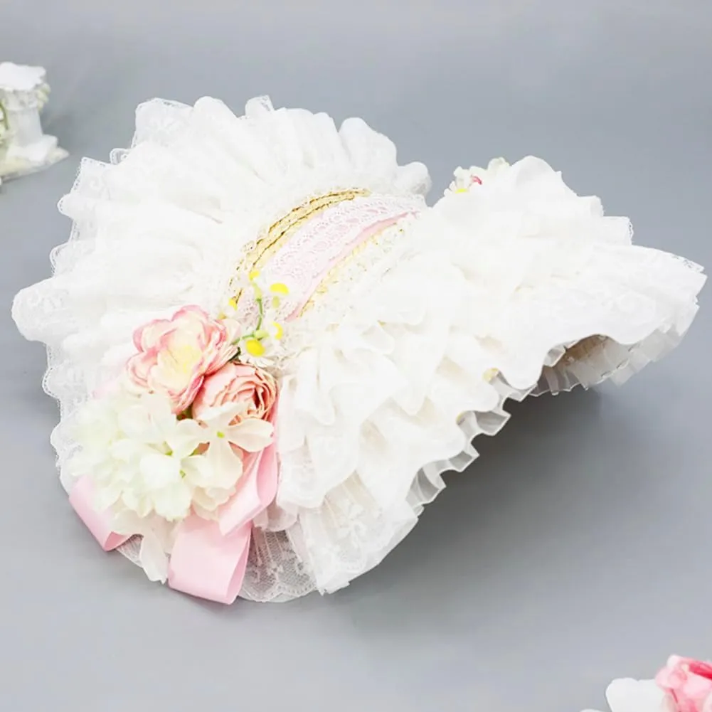 Girls Women Victorian Lolita Flat Bonnet Cap Tea Party Sun Hat Lace Bows Flower Ribbons Straw Hats