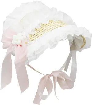Girls Women Victorian Lolita Flat Bonnet Cap Tea Party Sun Hat Lace Bows Flower Ribbons Straw Hats