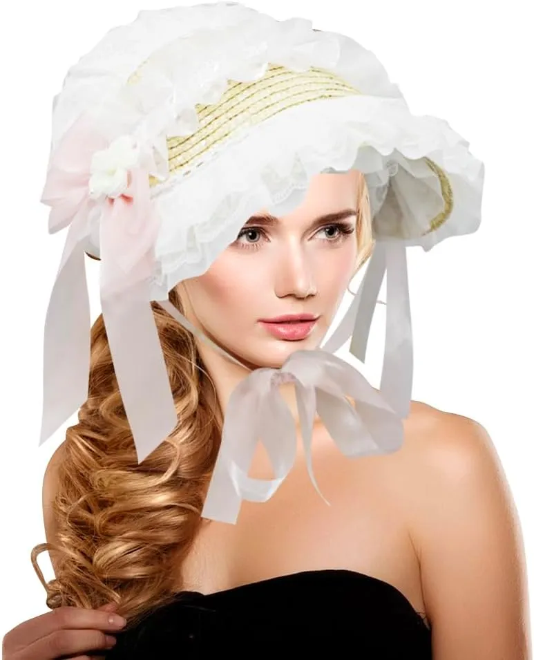 Girls Women Victorian Lolita Flat Bonnet Cap Tea Party Sun Hat Lace Bows Flower Ribbons Straw Hats