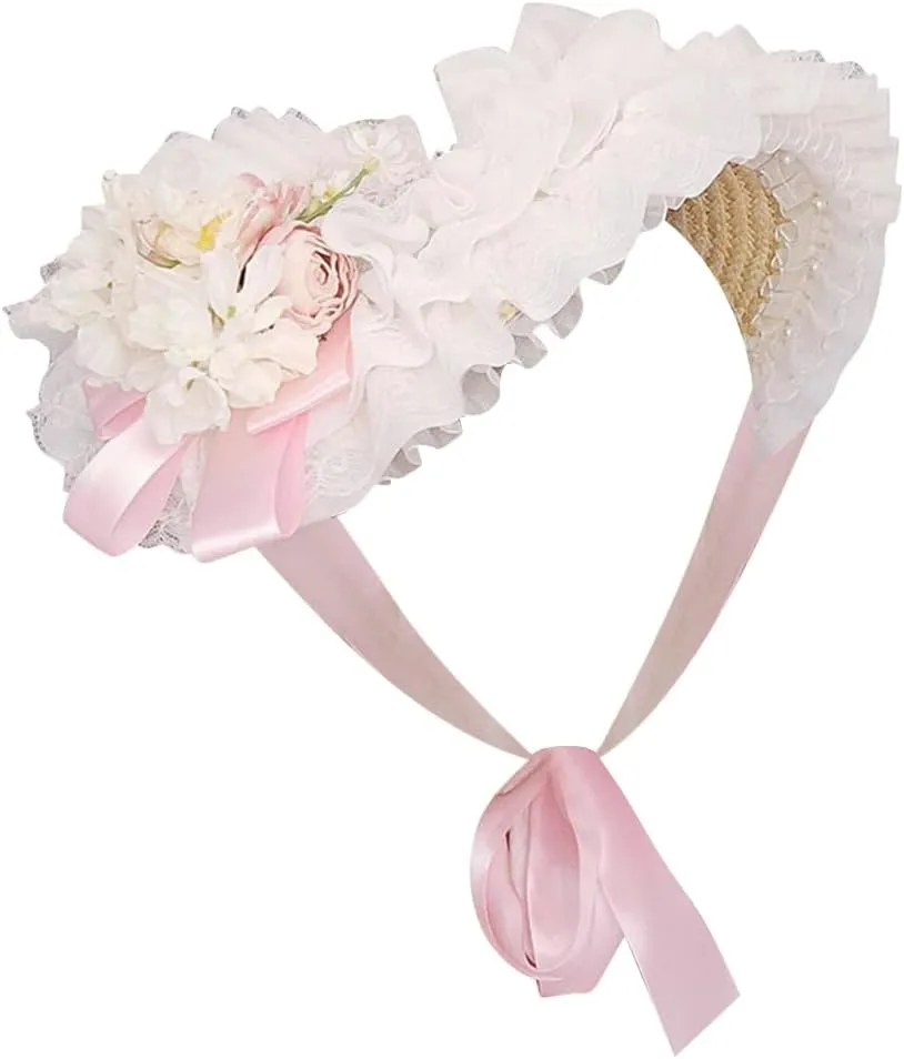 Girls Women Victorian Lolita Flat Bonnet Cap Tea Party Sun Hat Lace Bows Flower Ribbons Straw Hats