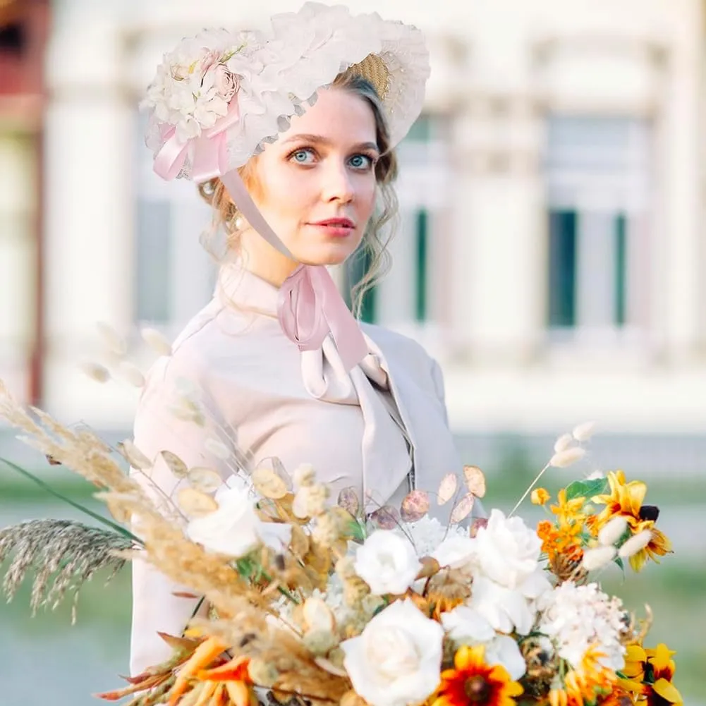 Girls Women Victorian Lolita Flat Bonnet Cap Tea Party Sun Hat Lace Bows Flower Ribbons Straw Hats