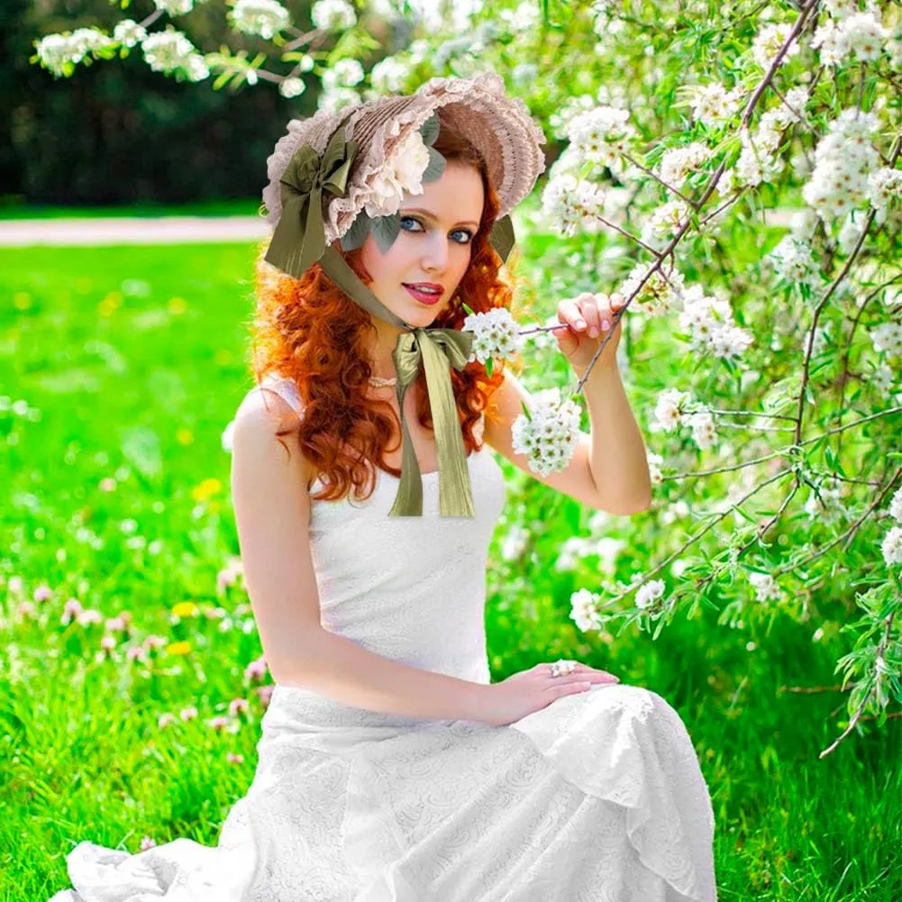 Girls Women Victorian Lolita Flat Bonnet Cap Tea Party Sun Hat Lace Bows Flower Ribbons Straw Hats