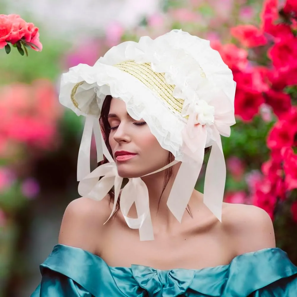 Girls Women Victorian Lolita Flat Bonnet Cap Tea Party Sun Hat Lace Bows Flower Ribbons Straw Hats