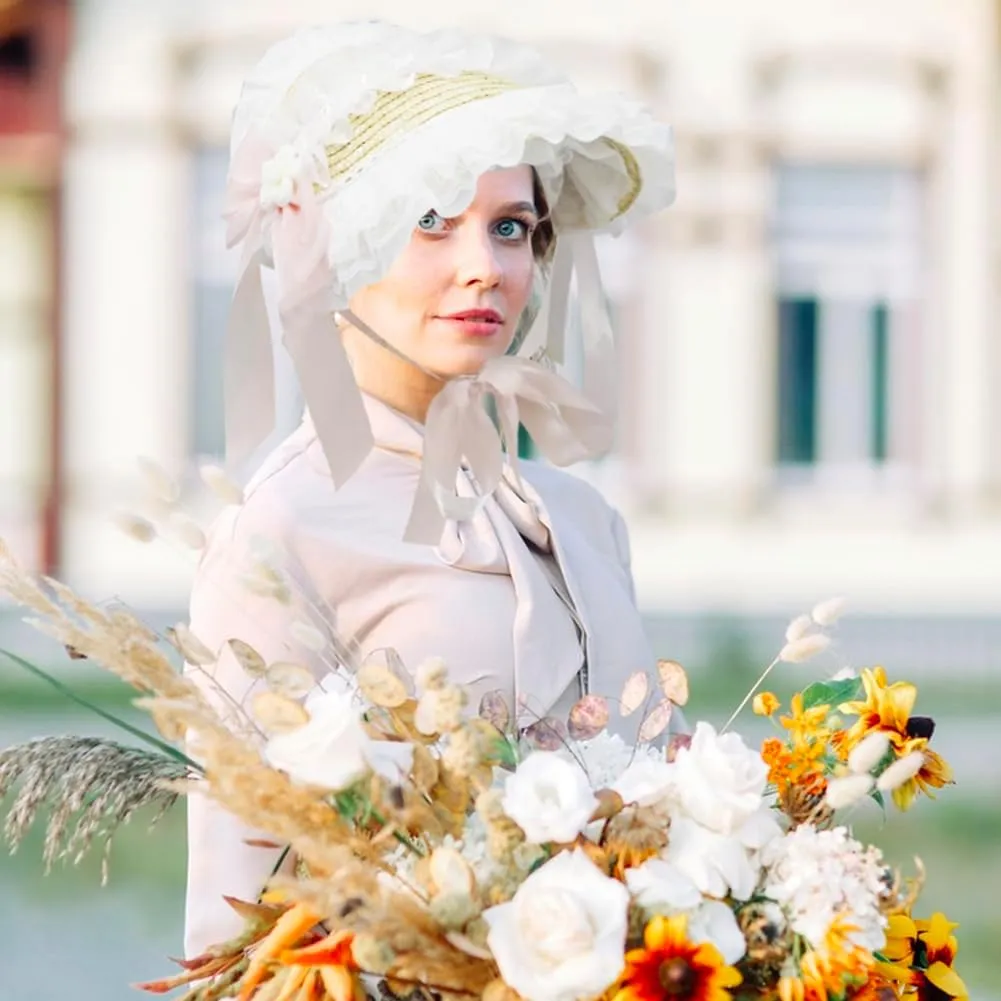 Girls Women Victorian Lolita Flat Bonnet Cap Tea Party Sun Hat Lace Bows Flower Ribbons Straw Hats