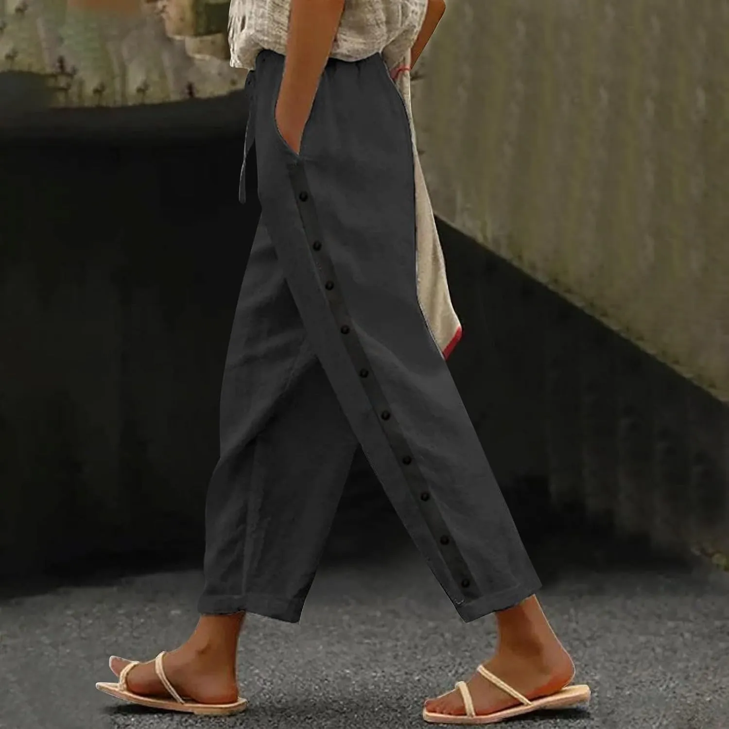 GOKKILRW Womens Linen Beach Capris Lounge Cropped Pant Boho Vacation Palazzo Pants Elastic Waist Lightweight Causal Joggers