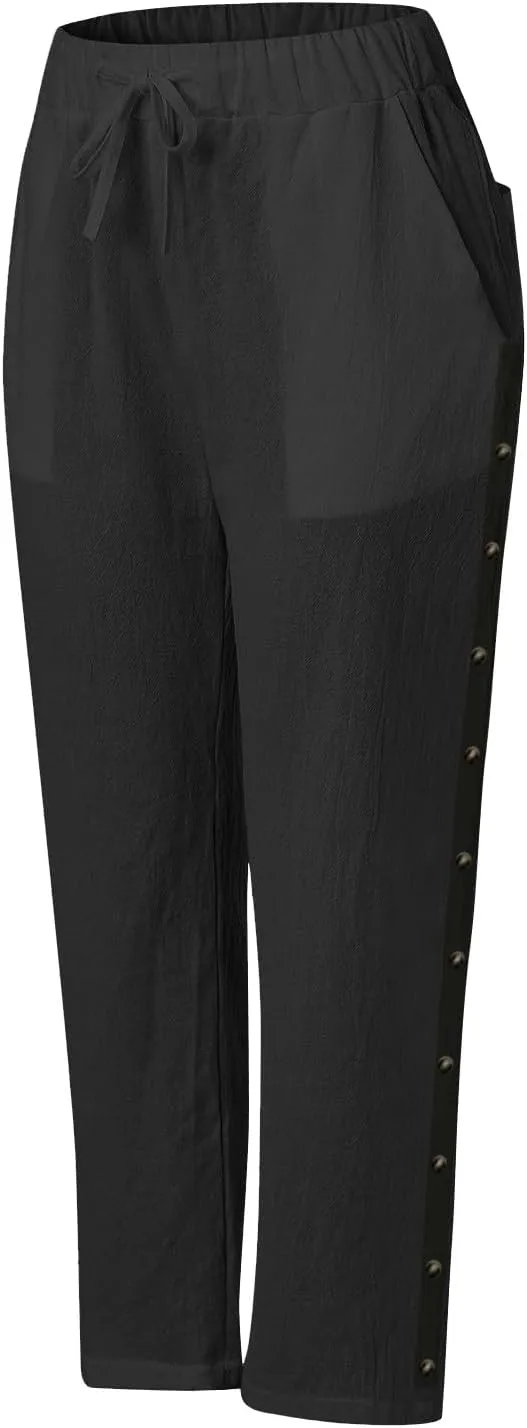 GOKKILRW Womens Linen Beach Capris Lounge Cropped Pant Boho Vacation Palazzo Pants Elastic Waist Lightweight Causal Joggers