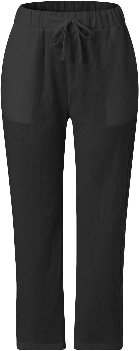 GOKKILRW Womens Linen Beach Capris Lounge Cropped Pant Boho Vacation Palazzo Pants Elastic Waist Lightweight Causal Joggers