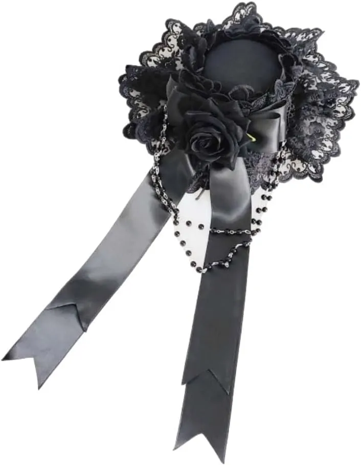 Gothic Hats for Women with Brims Victorian Head Wear Accessory Rose Hairclip Black