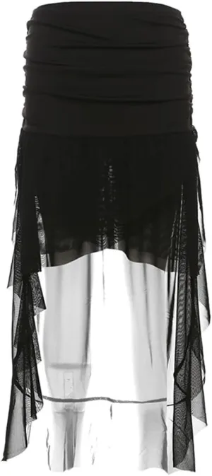 Gothic Women High Waist A Line Skirt Y2K Casual Stretchy Black Ruffle Pleated Flared Skirts