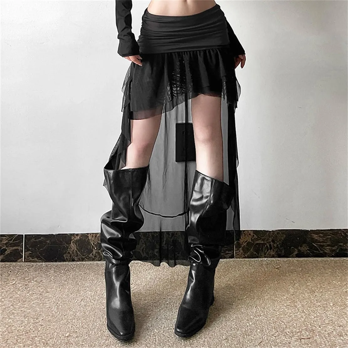 Gothic Women High Waist A Line Skirt Y2K Casual Stretchy Black Ruffle Pleated Flared Skirts