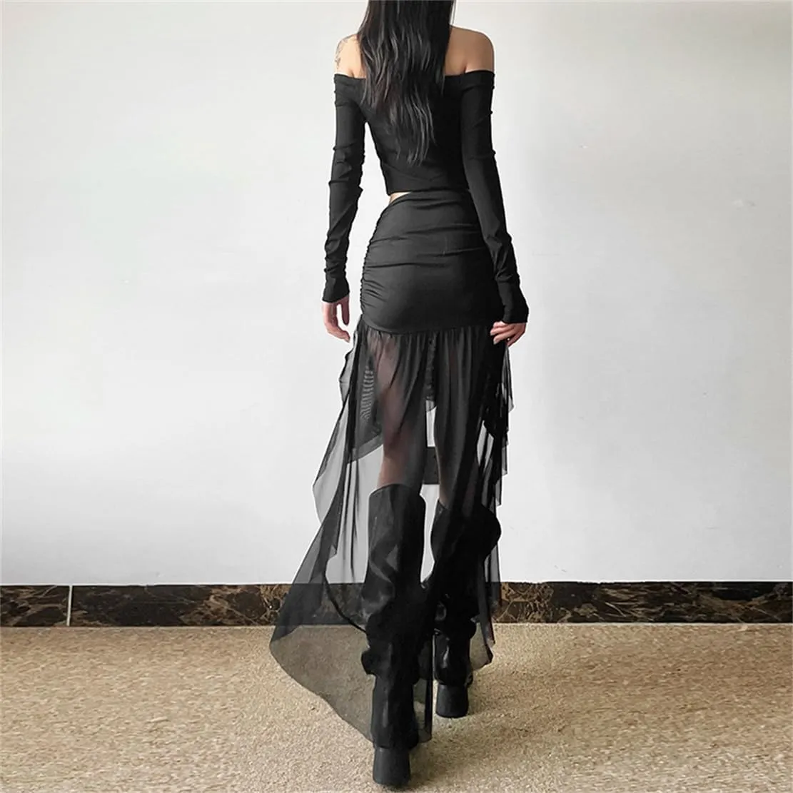 Gothic Women High Waist A Line Skirt Y2K Casual Stretchy Black Ruffle Pleated Flared Skirts