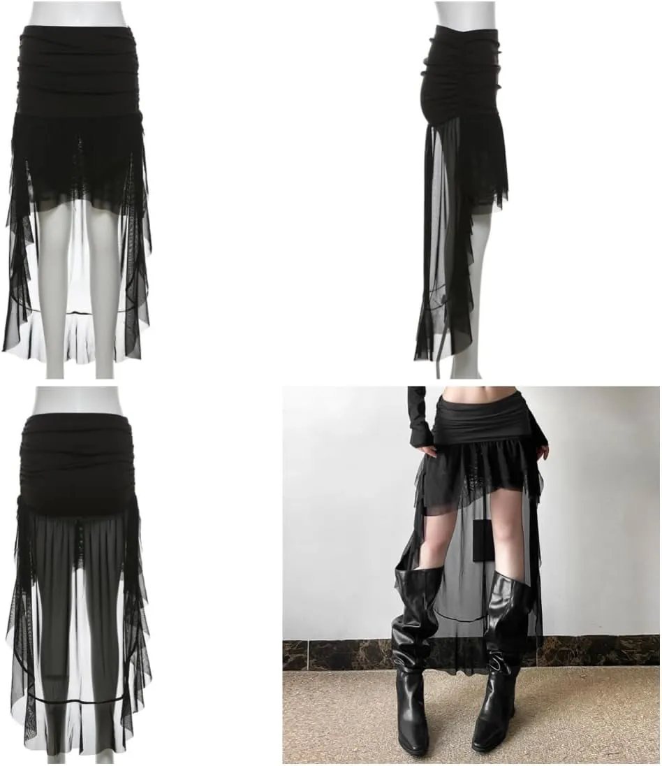 Gothic Women High Waist A Line Skirt Y2K Casual Stretchy Black Ruffle Pleated Flared Skirts