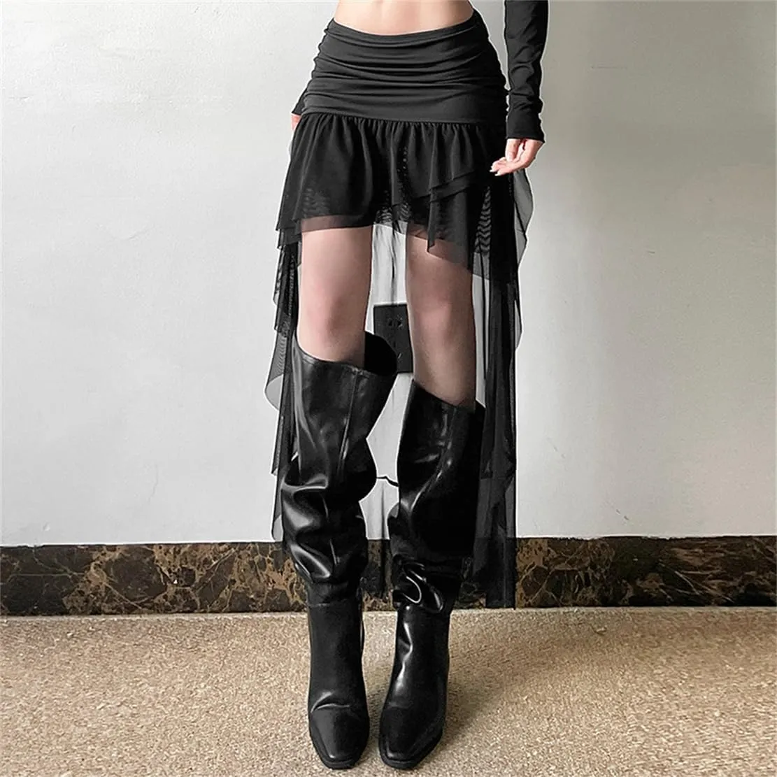 Gothic Women High Waist A Line Skirt Y2K Casual Stretchy Black Ruffle Pleated Flared Skirts