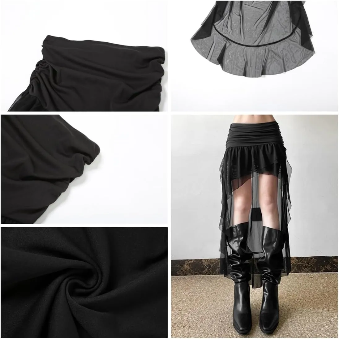 Gothic Women High Waist A Line Skirt Y2K Casual Stretchy Black Ruffle Pleated Flared Skirts