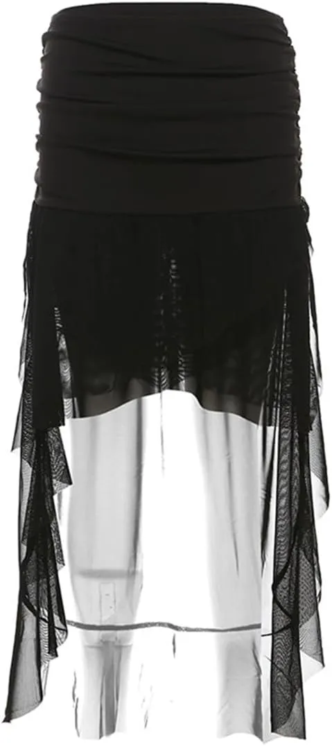 Gothic Women High Waist A Line Skirt Y2K Casual Stretchy Black Ruffle Pleated Flared Skirts
