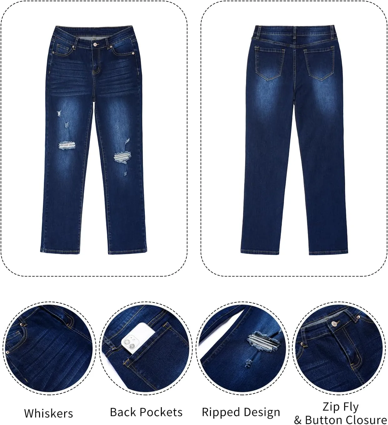 GRAPENT Jeans for Women High Waisted Distressed Straight Leg Ripped Jeans Stretchy Denim Pants Western Outfit 90s