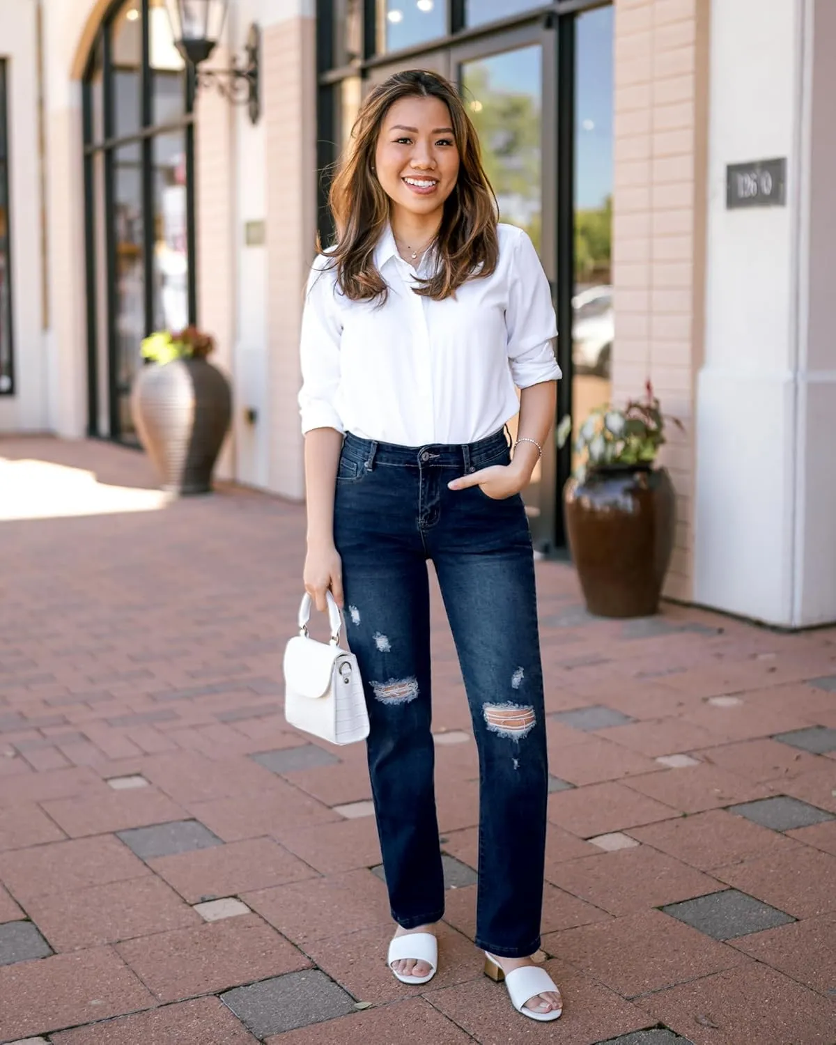 GRAPENT Jeans for Women High Waisted Distressed Straight Leg Ripped Jeans Stretchy Denim Pants Western Outfit 90s