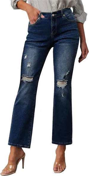 GRAPENT Jeans for Women High Waisted Distressed Straight Leg Ripped Jeans Stretchy Denim Pants Western Outfit 90s