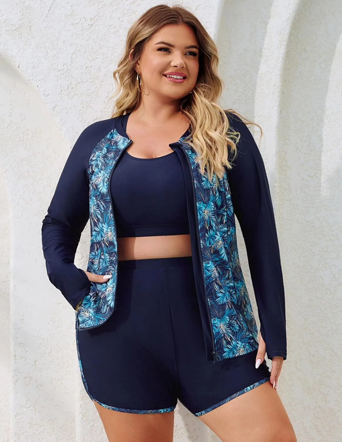 Hanna Nikole Women 3 Piece Rash Guard Long Sleeve Swimsuit Plus Size Modest Zipper UV Sun Protection Swim Shirt Shorts