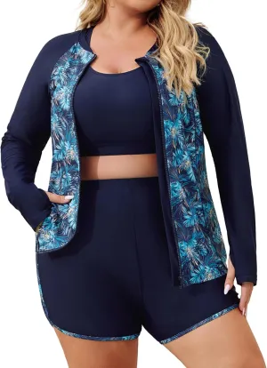 Hanna Nikole Women 3 Piece Rash Guard Long Sleeve Swimsuit Plus Size Modest Zipper UV Sun Protection Swim Shirt Shorts