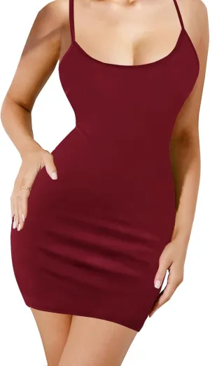 Hanpceirs Women's Basic Bodycon Dresses Cami Slip Spaghetti Strap Tank Casual Club Mini Dress