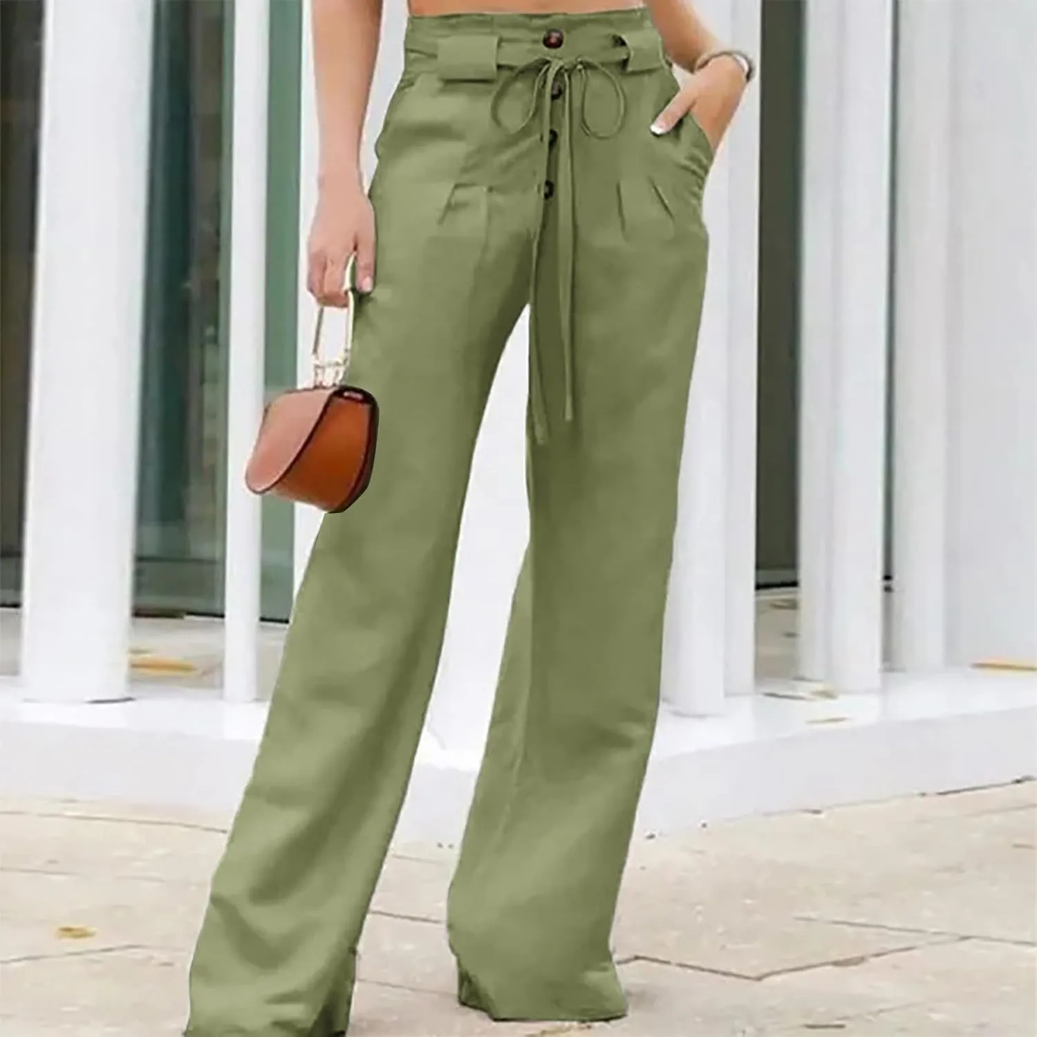 HGps8w Women's Suit Pants Elegant Pleated High Waisted Belted Straight Leg Office Pencil Pants Trousers with Pocket