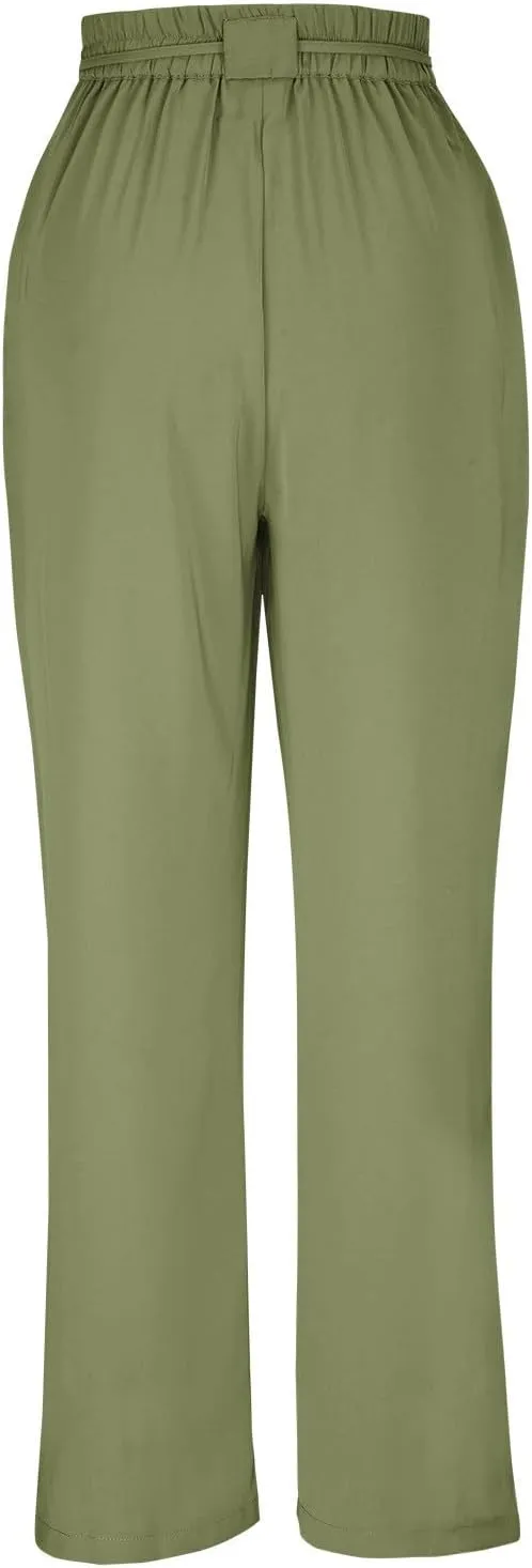 HGps8w Women's Suit Pants Elegant Pleated High Waisted Belted Straight Leg Office Pencil Pants Trousers with Pocket