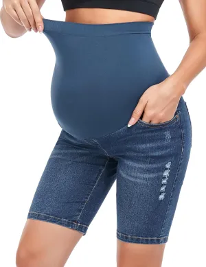 HOFISH Women's Maternity Denim Shorts Over The Belly Stretchy Comfy Jean Shorts Pants Casual Workout Pregnancy Shorts