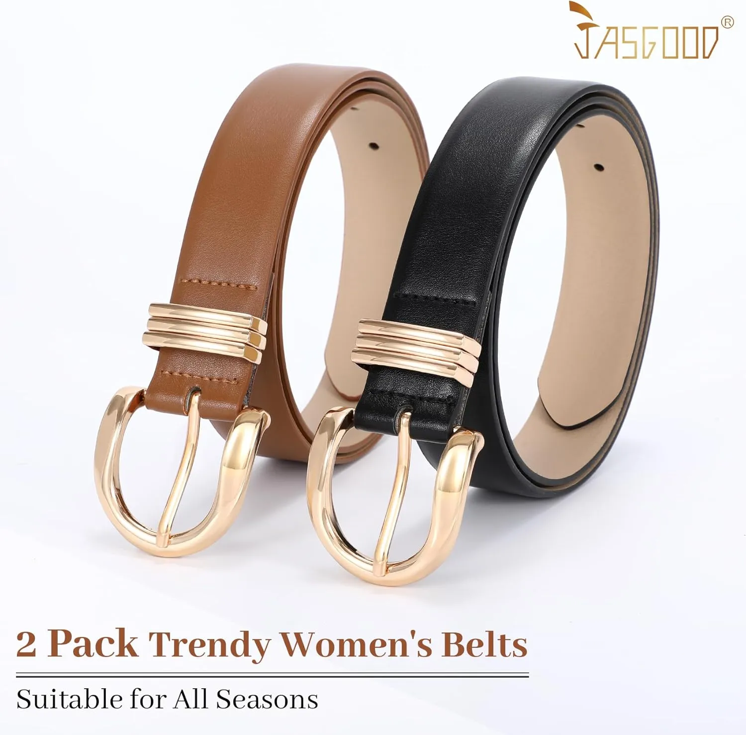 JASGOOD 2 Pack Women's Leather Belts for Jeans Pants Fashion Ladies Dress Waist Belts with Gold Buckle