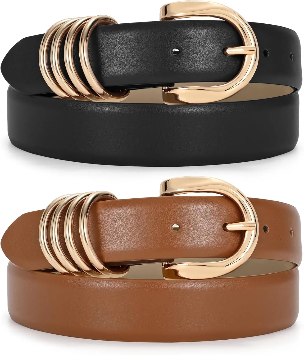 JASGOOD 2 Pack Women's Leather Belts for Jeans Pants Fashion Ladies Dress Waist Belts with Gold Buckle