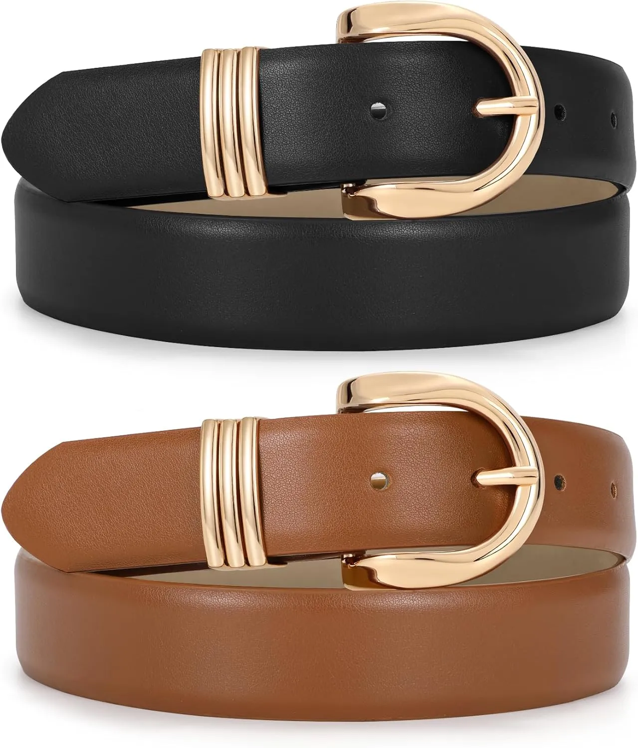 JASGOOD 2 Pack Women's Leather Belts for Jeans Pants Fashion Ladies Dress Waist Belts with Gold Buckle