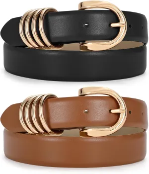 JASGOOD 2 Pack Women's Leather Belts for Jeans Pants Fashion Ladies Dress Waist Belts with Gold Buckle