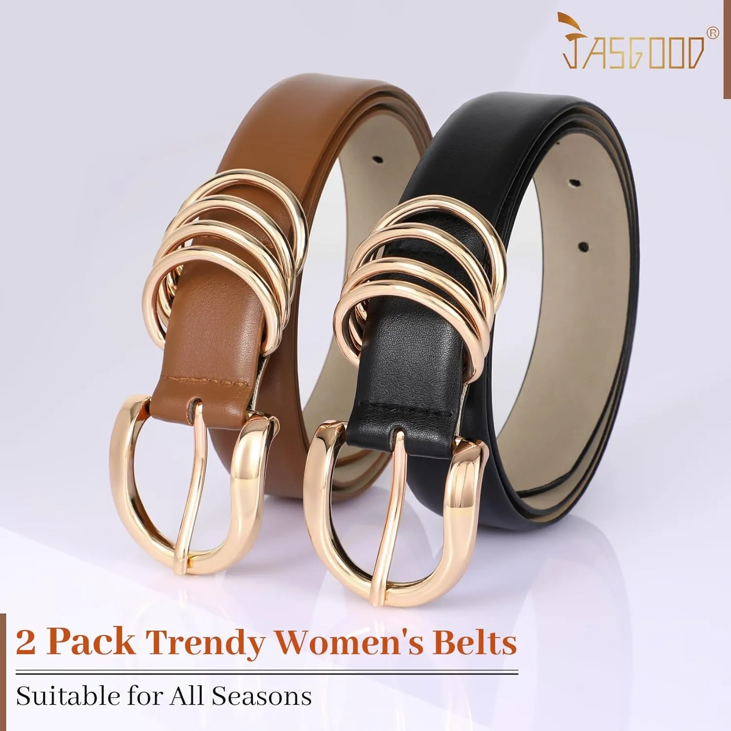 JASGOOD 2 Pack Women's Leather Belts for Jeans Pants Fashion Ladies Dress Waist Belts with Gold Buckle