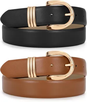 JASGOOD 2 Pack Women's Leather Belts for Jeans Pants Fashion Ladies Dress Waist Belts with Gold Buckle
