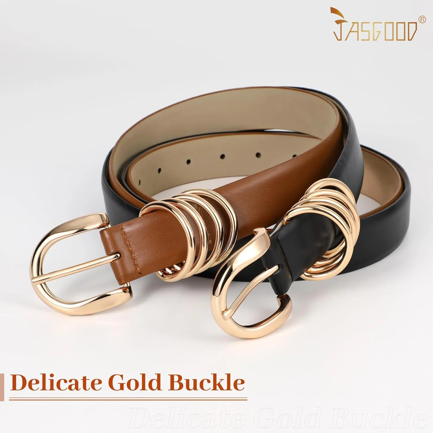 JASGOOD 2 Pack Women's Leather Belts for Jeans Pants Fashion Ladies Dress Waist Belts with Gold Buckle