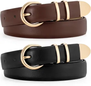 JASGOOD 2 Pack Women's Leather Belts with Gold Buckle Fashion Leather Waist Belt Elegant Ladies Belts for Jeans Dress