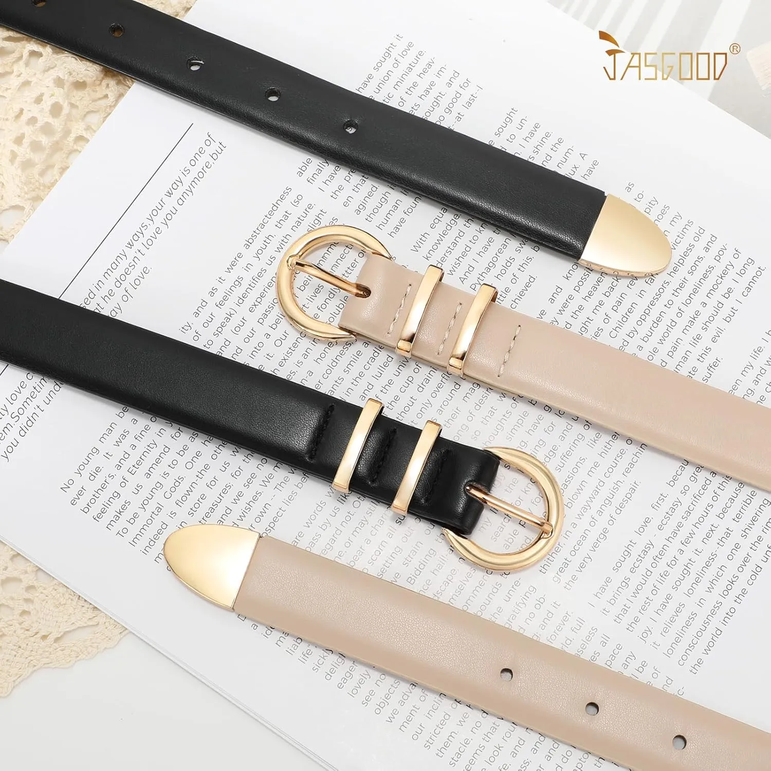 JASGOOD 2 Pack Women's Leather Belts with Gold Buckle Fashion Leather Waist Belt Elegant Ladies Belts for Jeans Dress