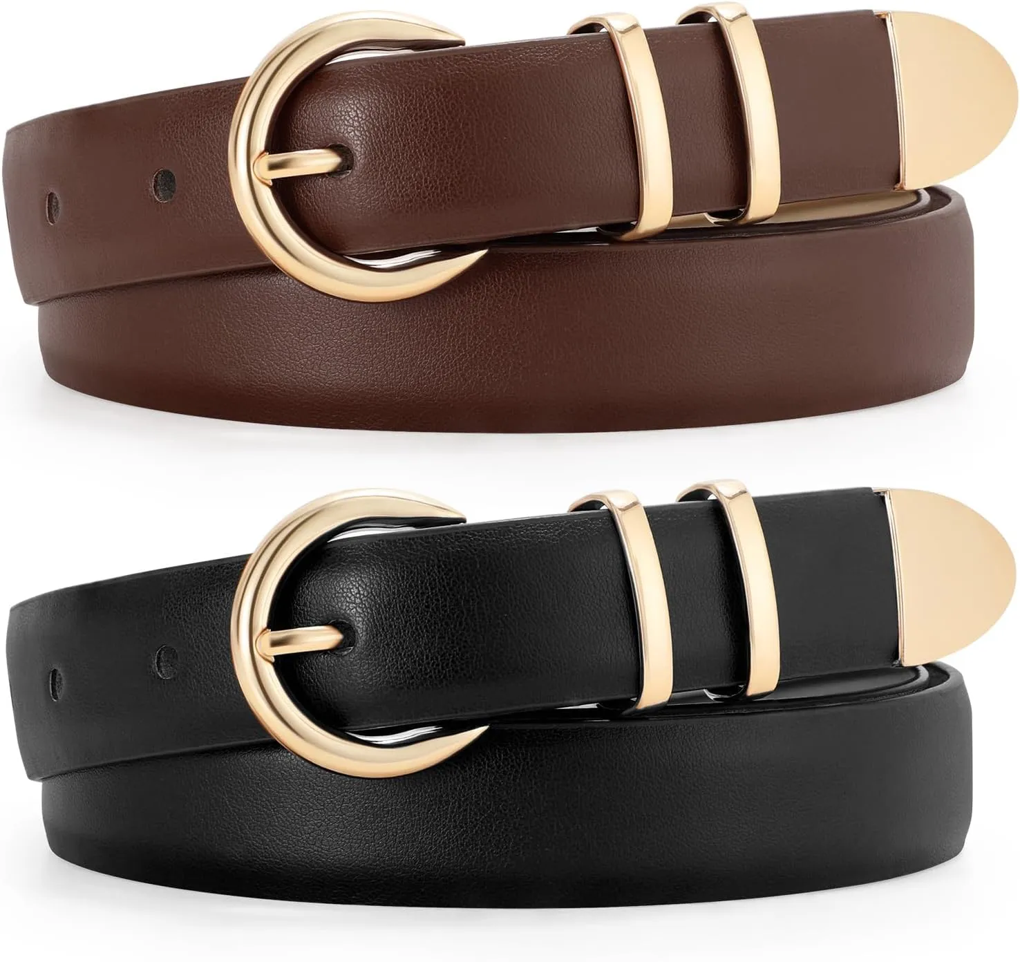 JASGOOD 2 Pack Women's Leather Belts with Gold Buckle Fashion Leather Waist Belt Elegant Ladies Belts for Jeans Dress