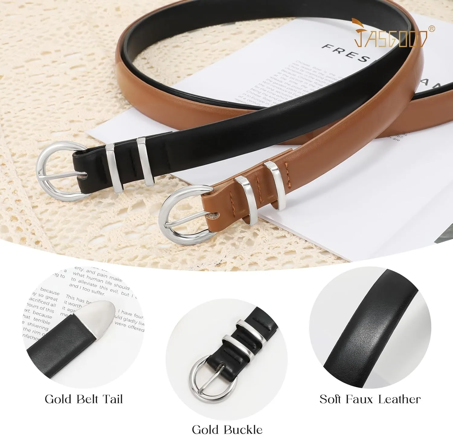 JASGOOD 2 Pack Women's Leather Belts with Gold Buckle Fashion Leather Waist Belt Elegant Ladies Belts for Jeans Dress