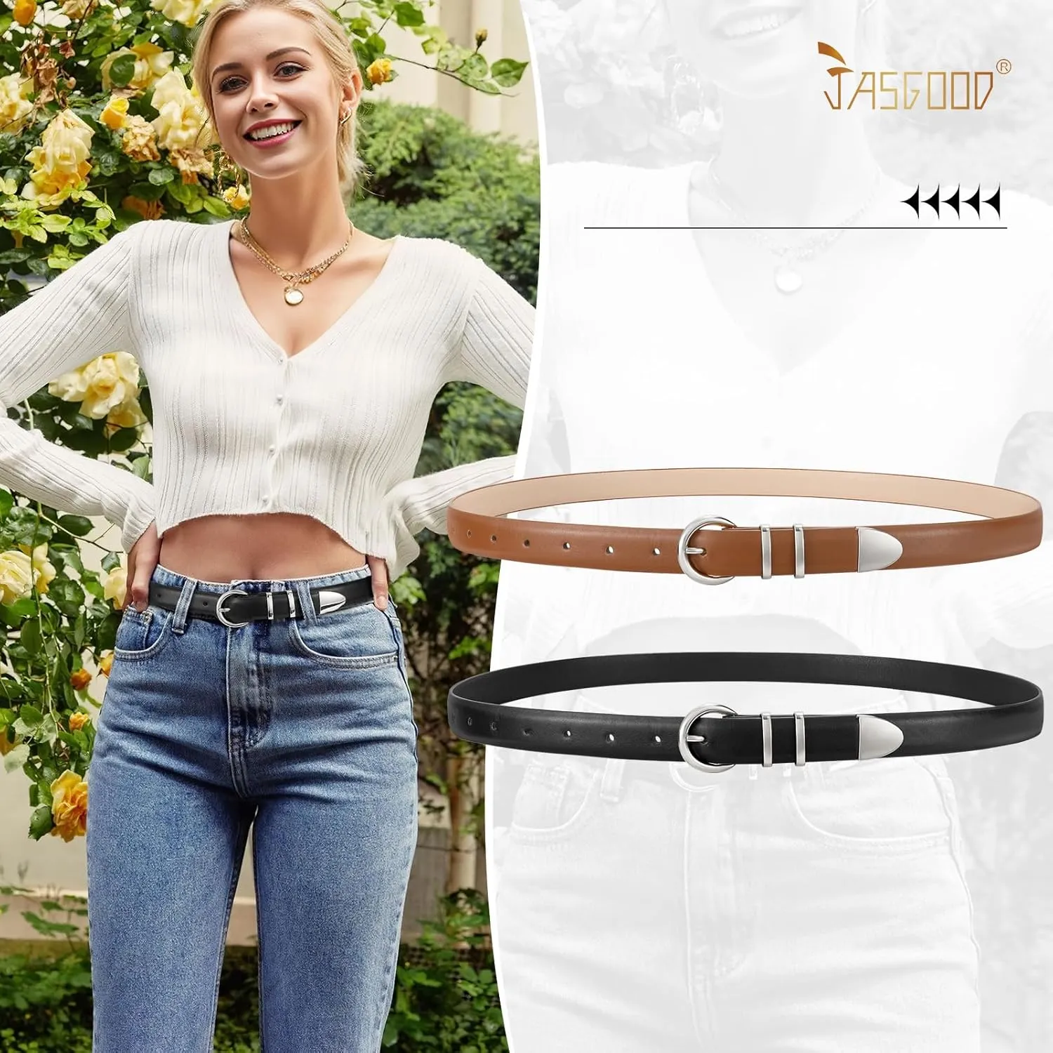 JASGOOD 2 Pack Women's Leather Belts with Gold Buckle Fashion Leather Waist Belt Elegant Ladies Belts for Jeans Dress