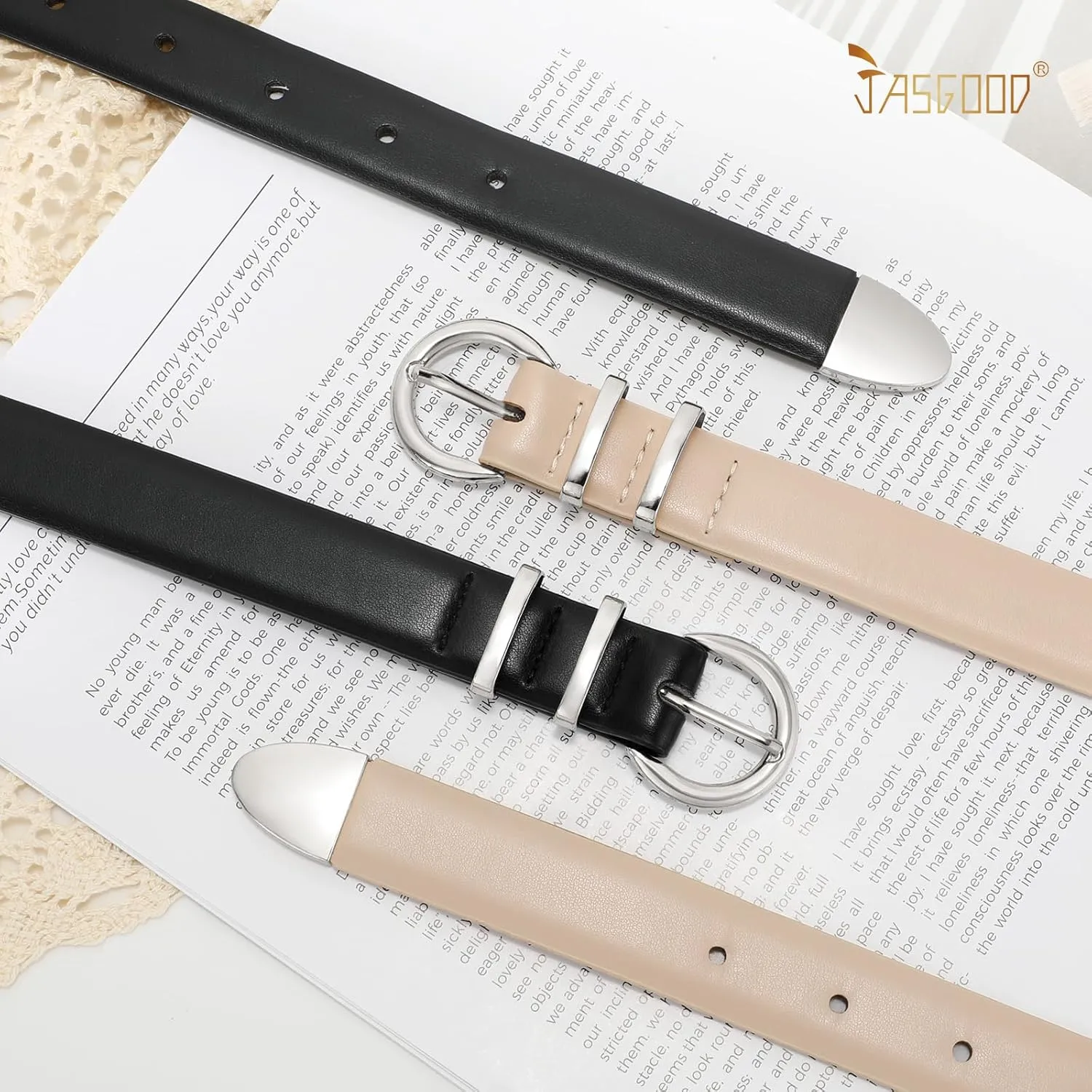 JASGOOD 2 Pack Women's Leather Belts with Gold Buckle Fashion Leather Waist Belt Elegant Ladies Belts for Jeans Dress