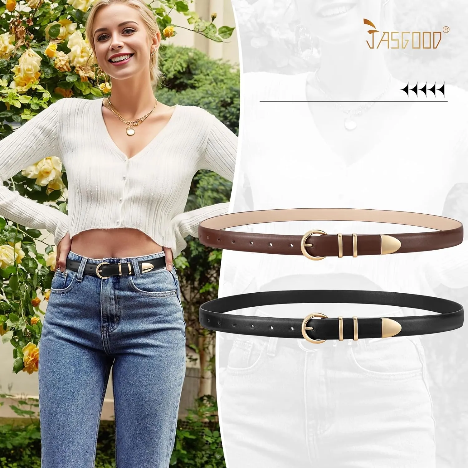 JASGOOD 2 Pack Women's Leather Belts with Gold Buckle Fashion Leather Waist Belt Elegant Ladies Belts for Jeans Dress